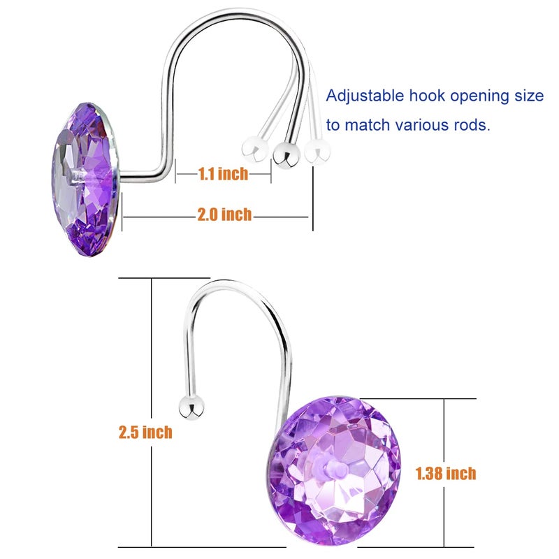 Yapicoco 12PCS Shower Curtain Hooks Rings for Bathroom, Stainless Steel Rust Resistant Decorative Rhinestones Shower Curtain Rings Hangers for Shower Curtains, Clothing, Towels, etc. (Purple) - Image 3